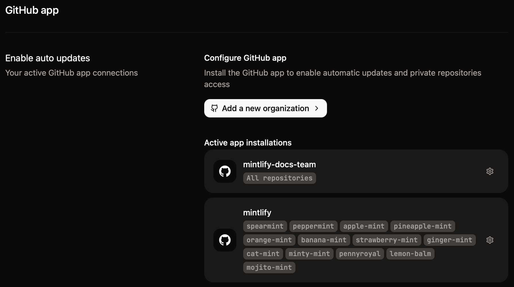GitHub app 页面在深色模式下显示了两个组织已连接的存储库。