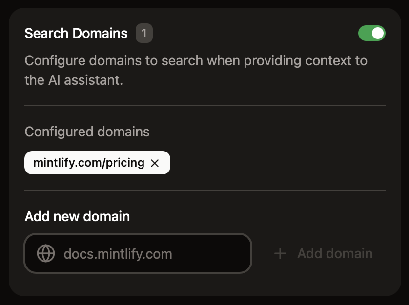The assistant search domains panel enabled in the dashboard. The assistant is configured to search the mintlify.com/pricing domain.
