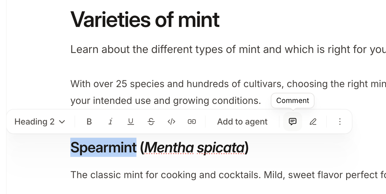 The comment button in the floating toolbar above selected text in the web editor.