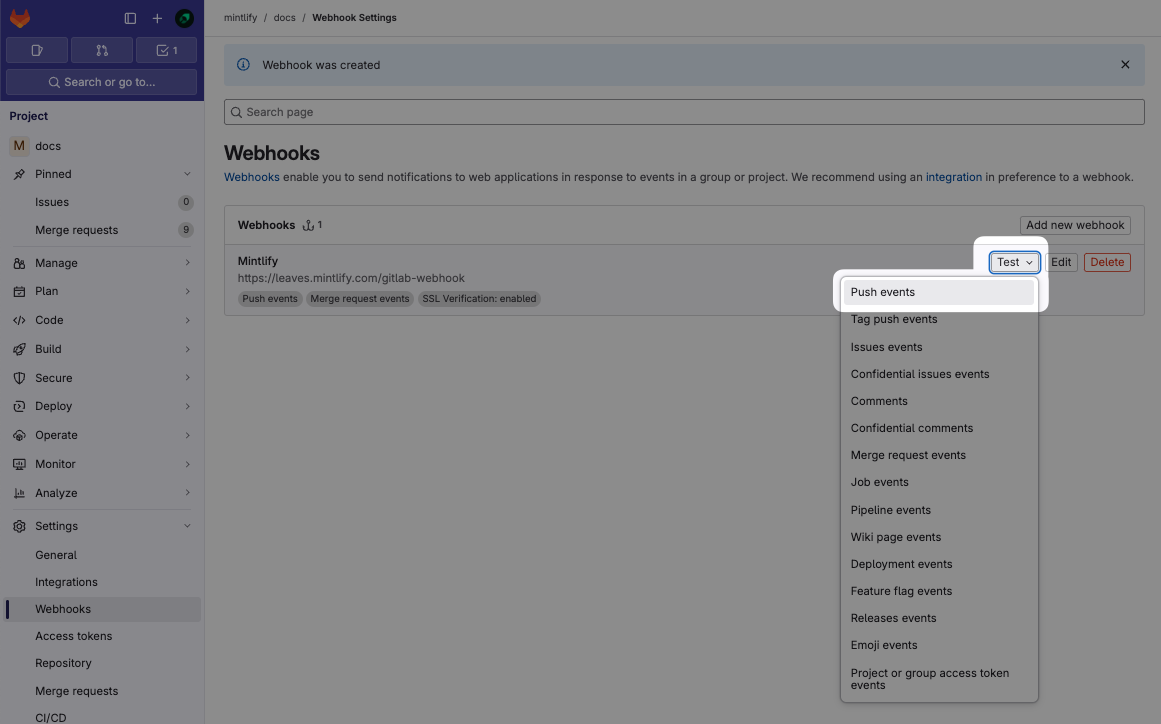 Screenshot of the GitLab Webhooks page. The 'Push events' menu item is highlighted in the 'Test' menu.