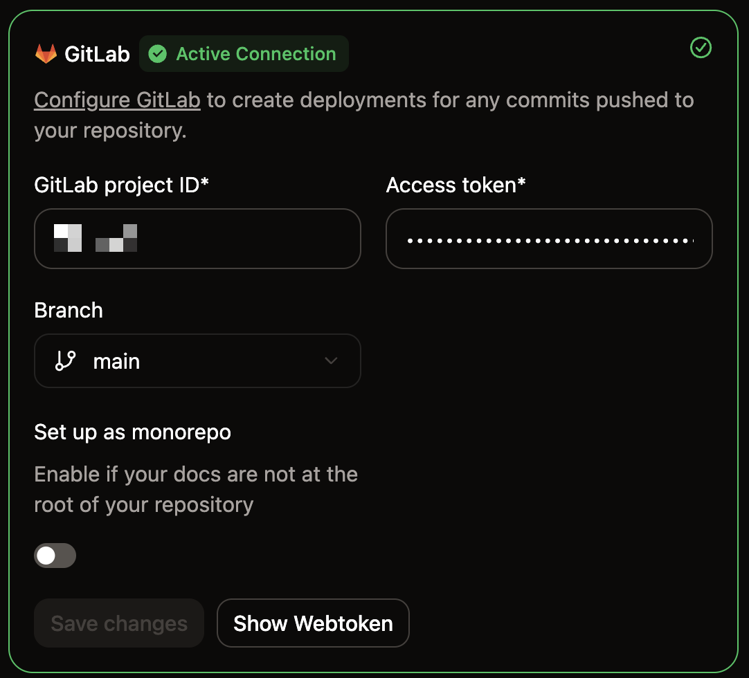 Screenshot of the GitLab connection in the Mintlify dashboard.