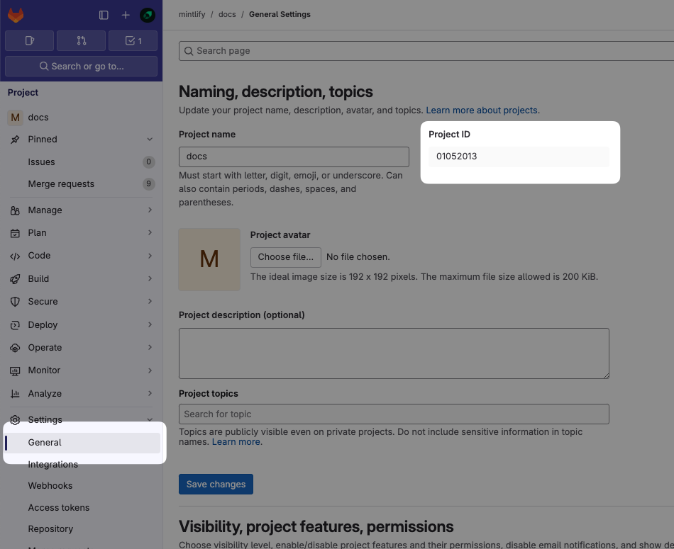 The General Settings page in the GitLab dashboard. The Project ID is highlighted.