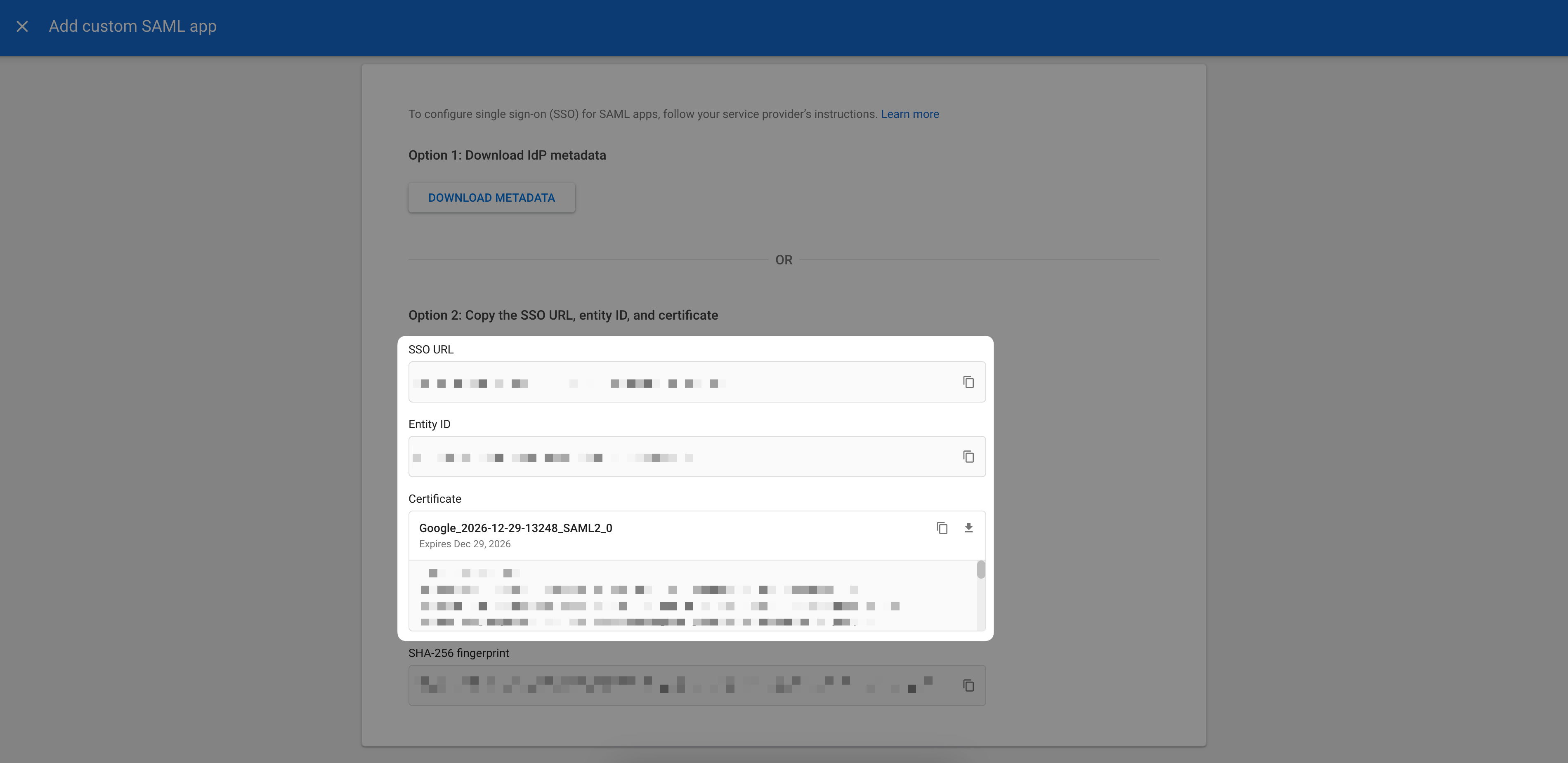 Screenshot of the Google Workspace SAML application page with the SSO URL, Entity ID, and x509 certificate highlighted. The specific values for each of these appear blurred.