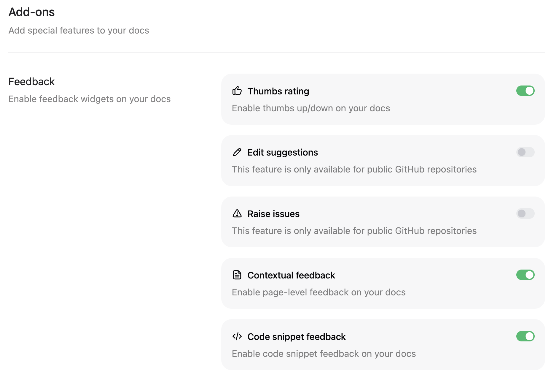 Feedback toggles in the Add-ons page.