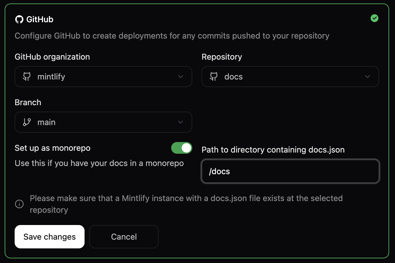 The project settings panel in the Git Settings menu, showing the docs.json is in a subdirectory toggle enabled and a path to the /docs directory specified.