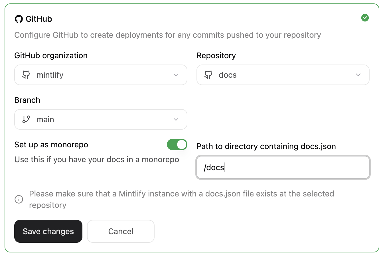 The project settings panel in the Git Settings menu, showing the docs.json is in a subdirectory toggle enabled and a path to the /docs directory specified.