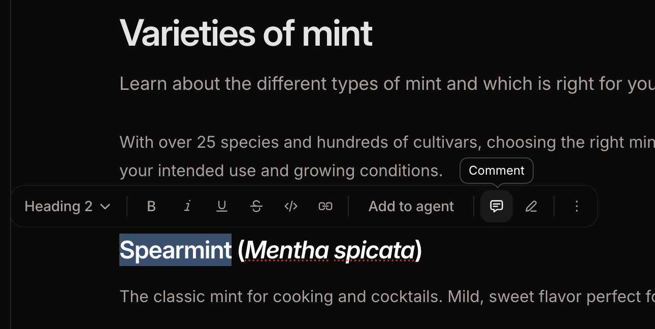 The comment button in the floating toolbar above selected text in the web editor.