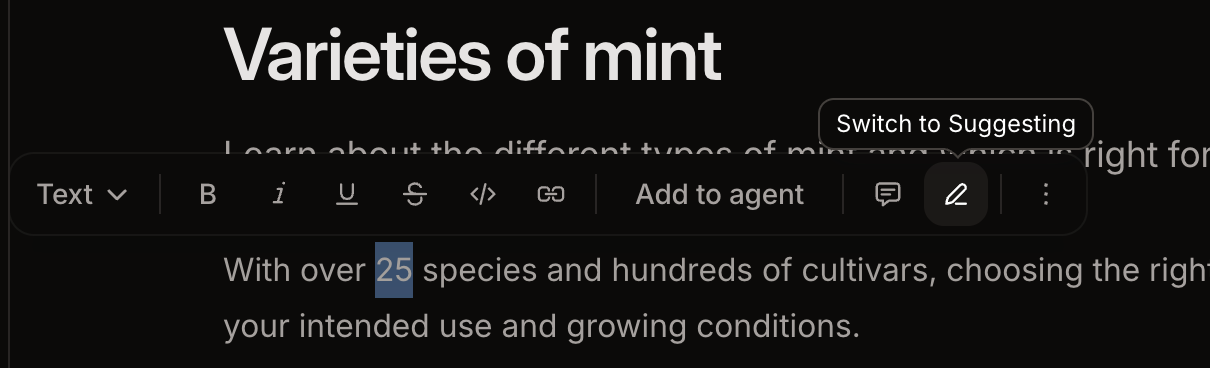 The switch to suggesting button in the floating toolbar above selected text in the editor.